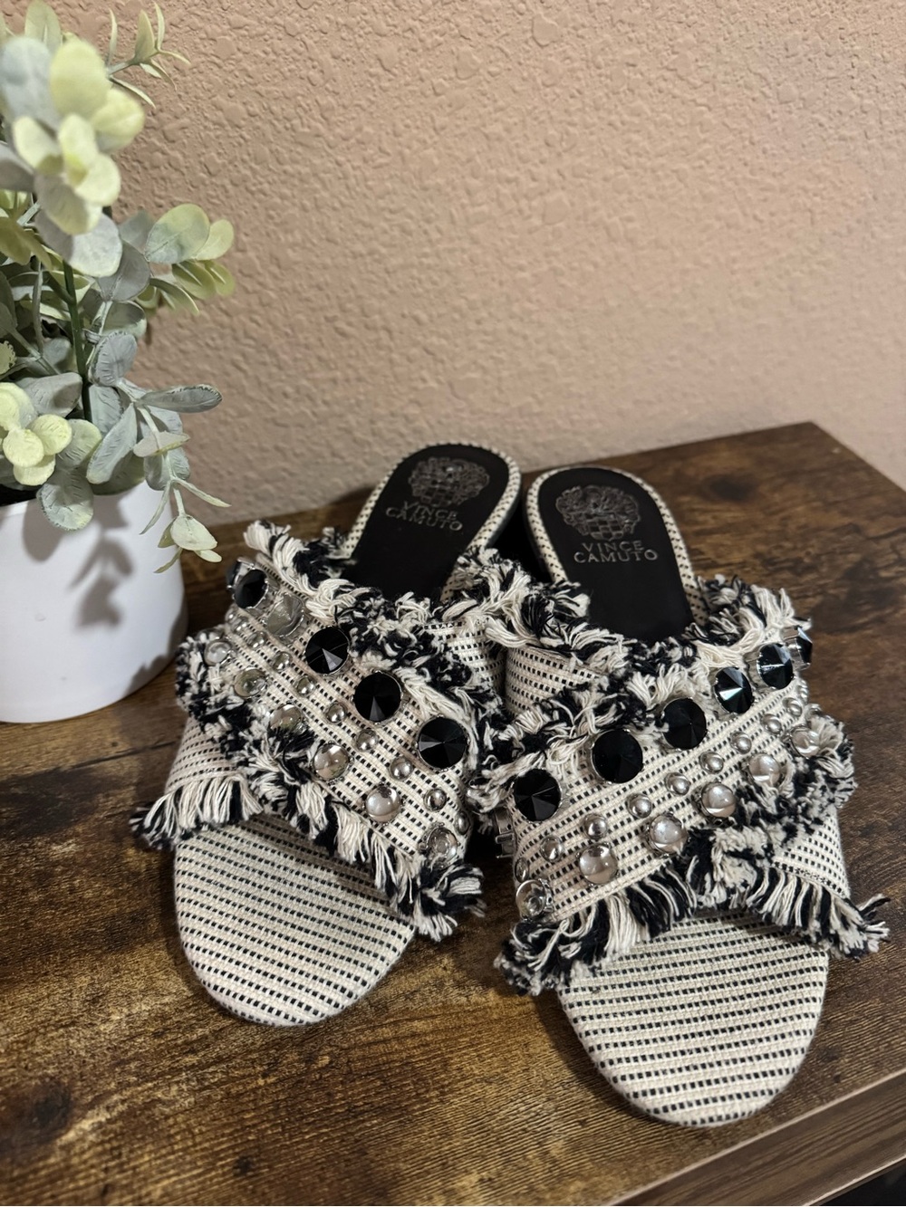 Vince Camuto Black & White Beaded Fringe Slide Sandals